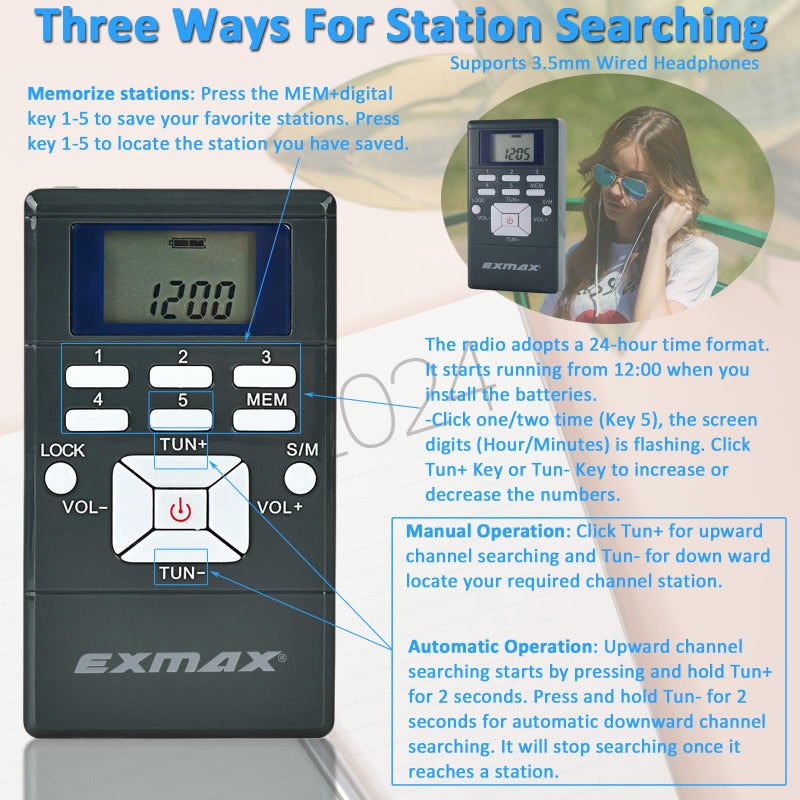 EXMAX E108 Wireless Stereo FM Radio Receiver - Portable Pocket Mini With Earbuds, LCD Clock for Translator Tour Guide System, Jogging, Running, Walking, Yardwork - Gray - Image 5